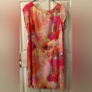 Vibrant florals Liz Claiborne 18 lined pretty midi dress pink yellow orange red